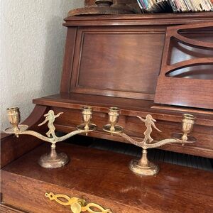 Vintage Antique Brass Dancing Figures 2- Arm Candle Holder (2)